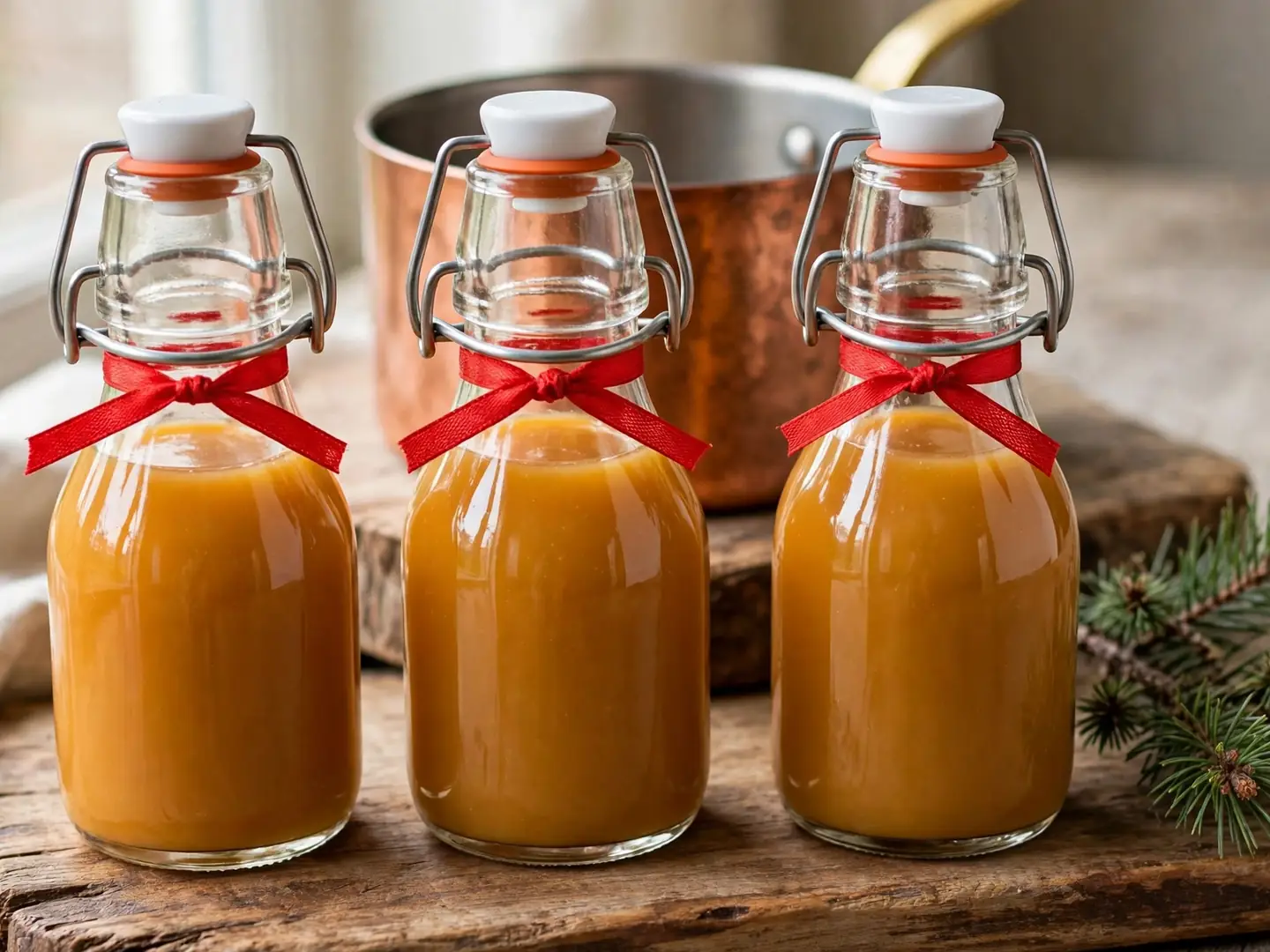 Swing-top jars of homemade caramel sauce with red ribbon