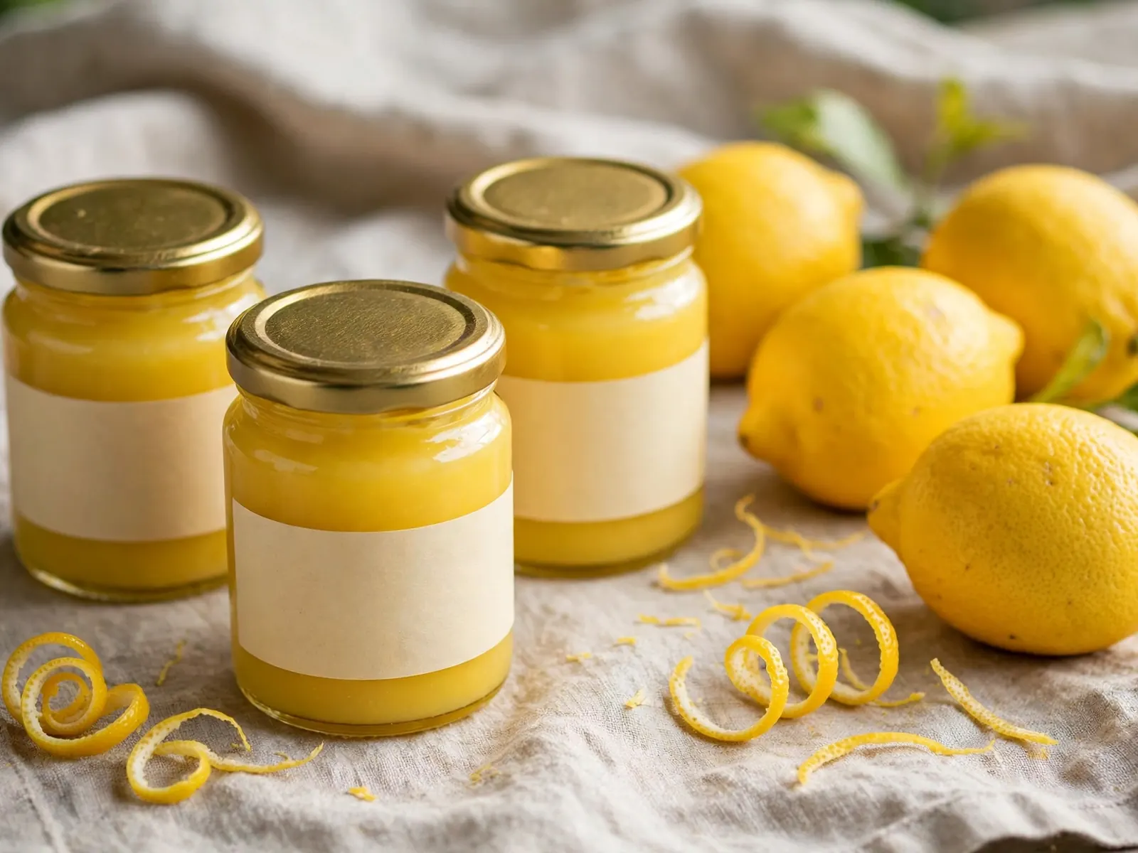 Jars of homemade lemon curd with fresh lemons