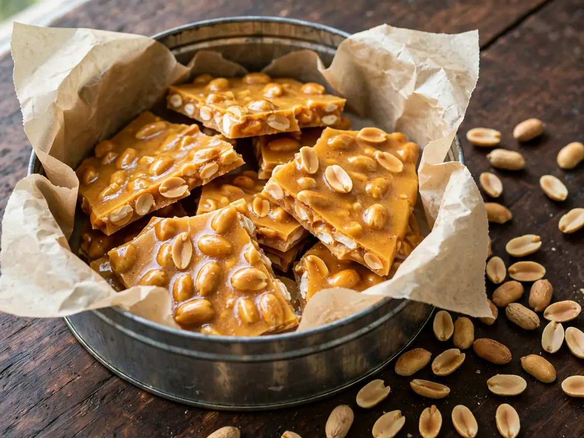 Homemade peanut brittle in a parchment-lined tin