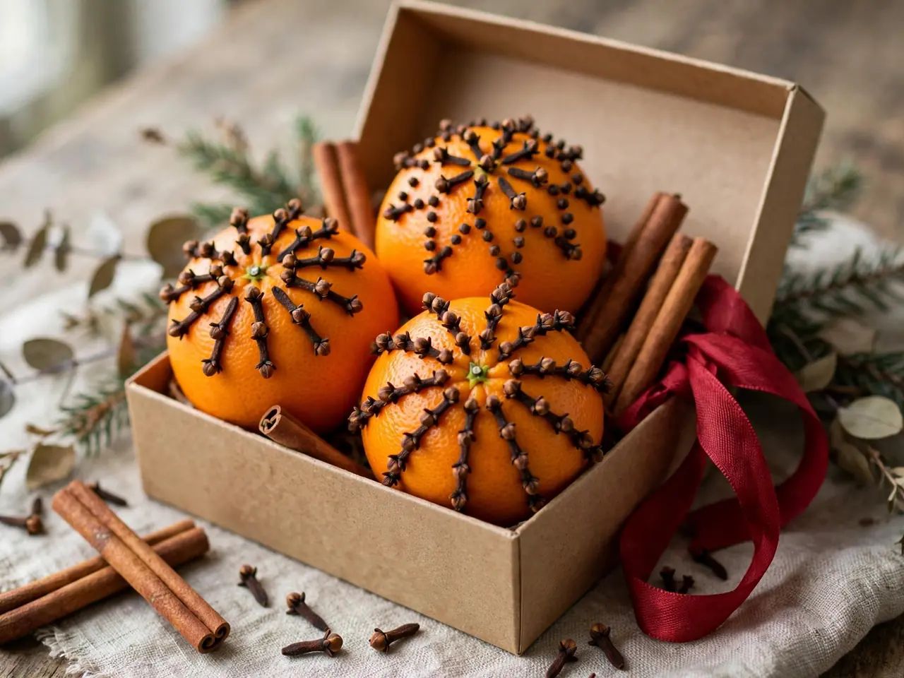 Orange and clove pomanders in a gift box with cinnamon