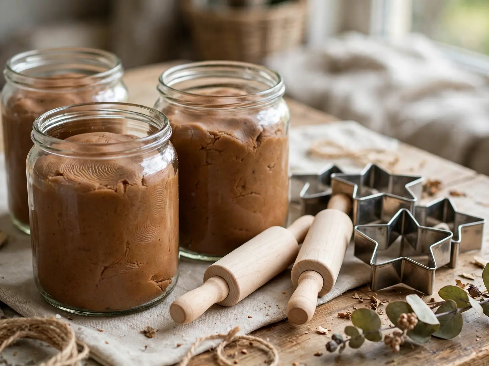 Gingerbread playdough jars with rolling pins and star cutters