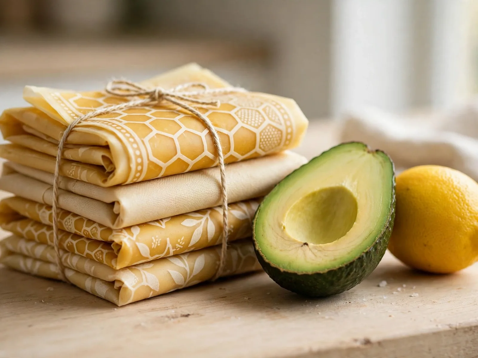 Folded beeswax food wraps in honey colours on a counter