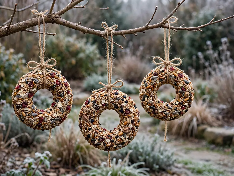 Birdseed wreath ornaments hanging from a winter branch