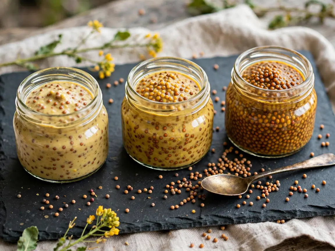 Trio of homemade wholegrain mustards with mustard seeds