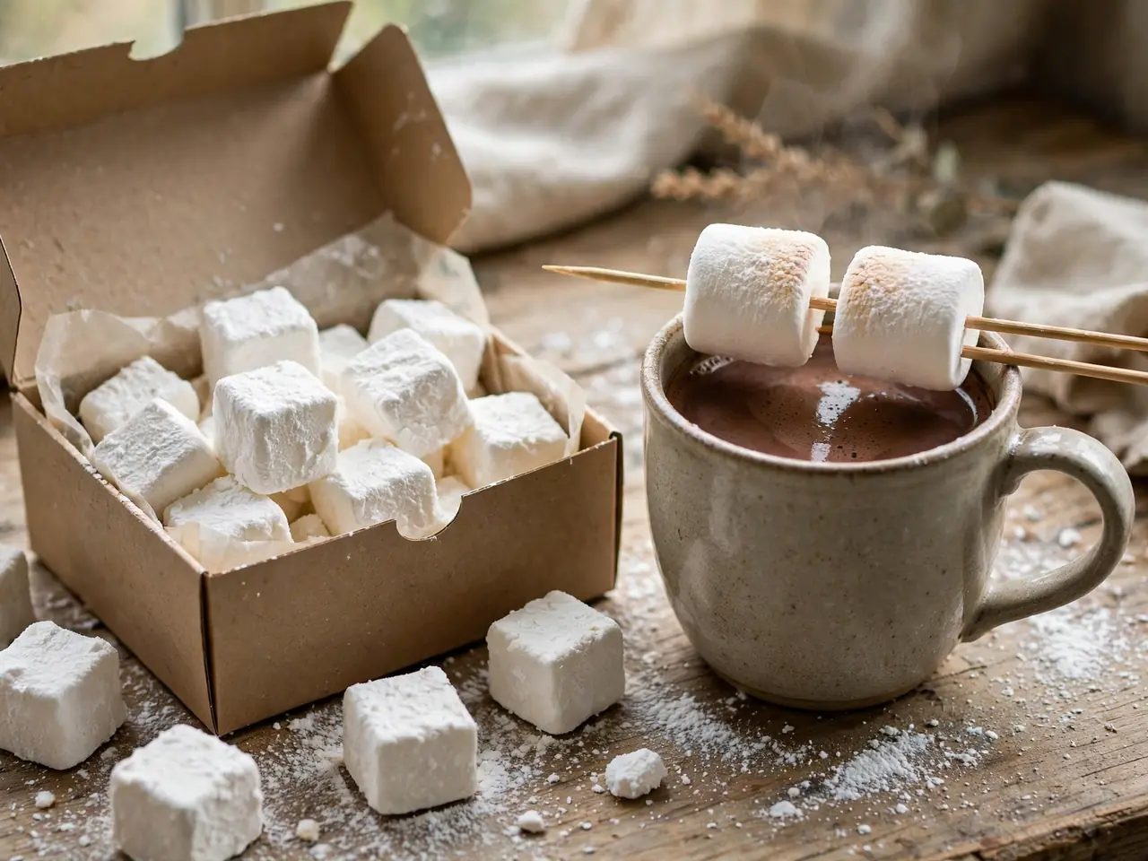 Homemade marshmallows dusted with icing sugar in a gift box