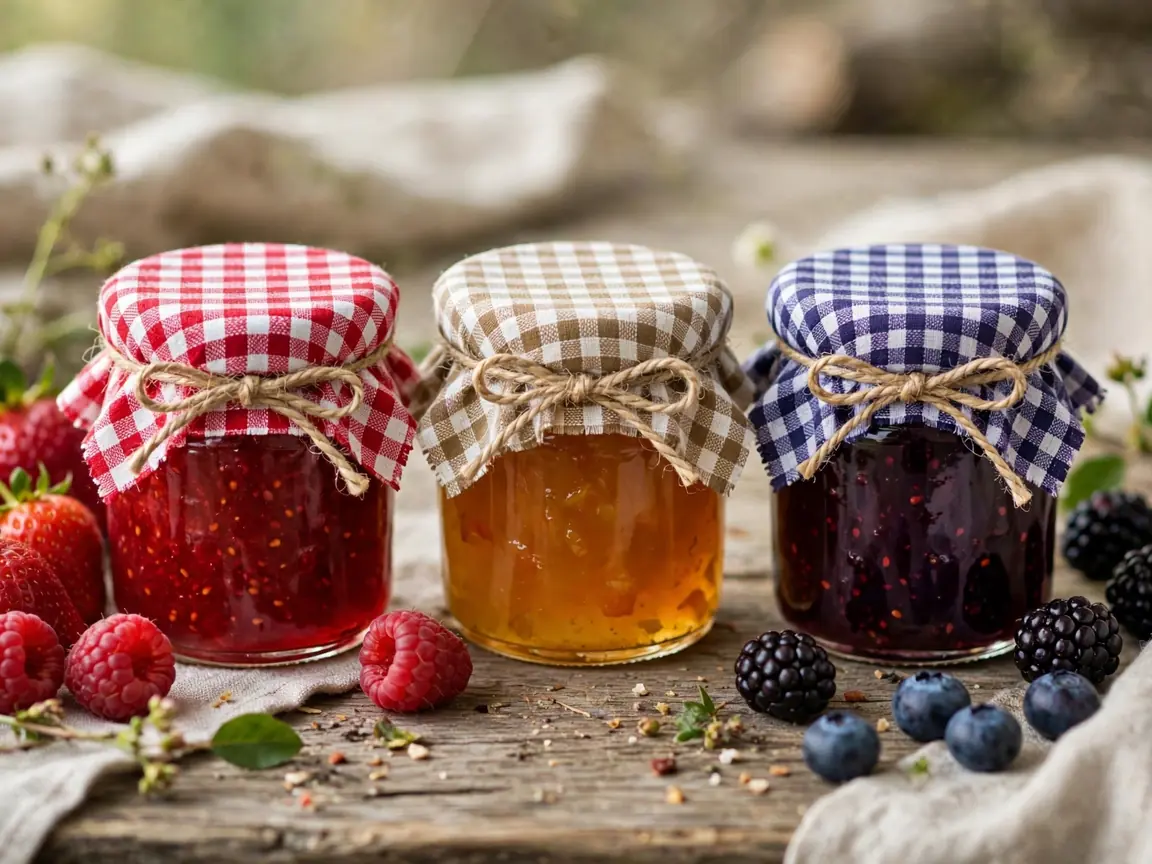 Mini jars of homemade jam with checked fabric lids