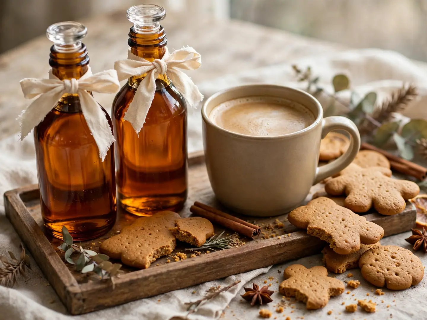 Bottles of homemade gingerbread syrup with coffee and biscuits