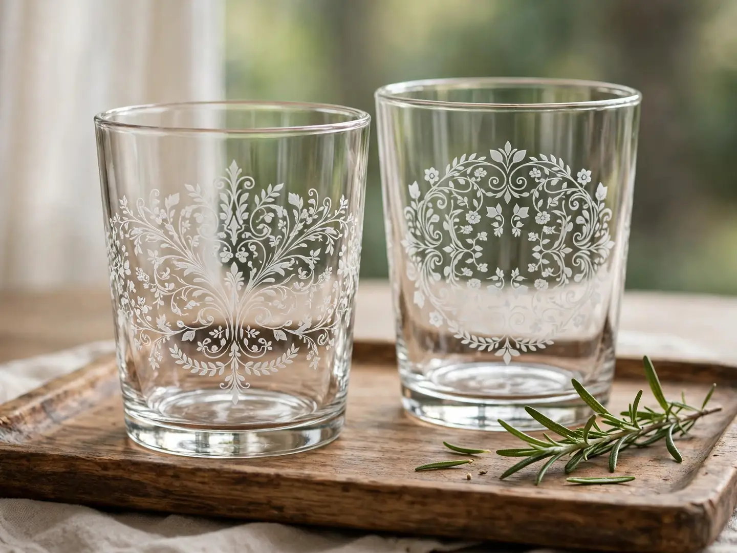 Etched glass tumblers with monogram designs on a tray