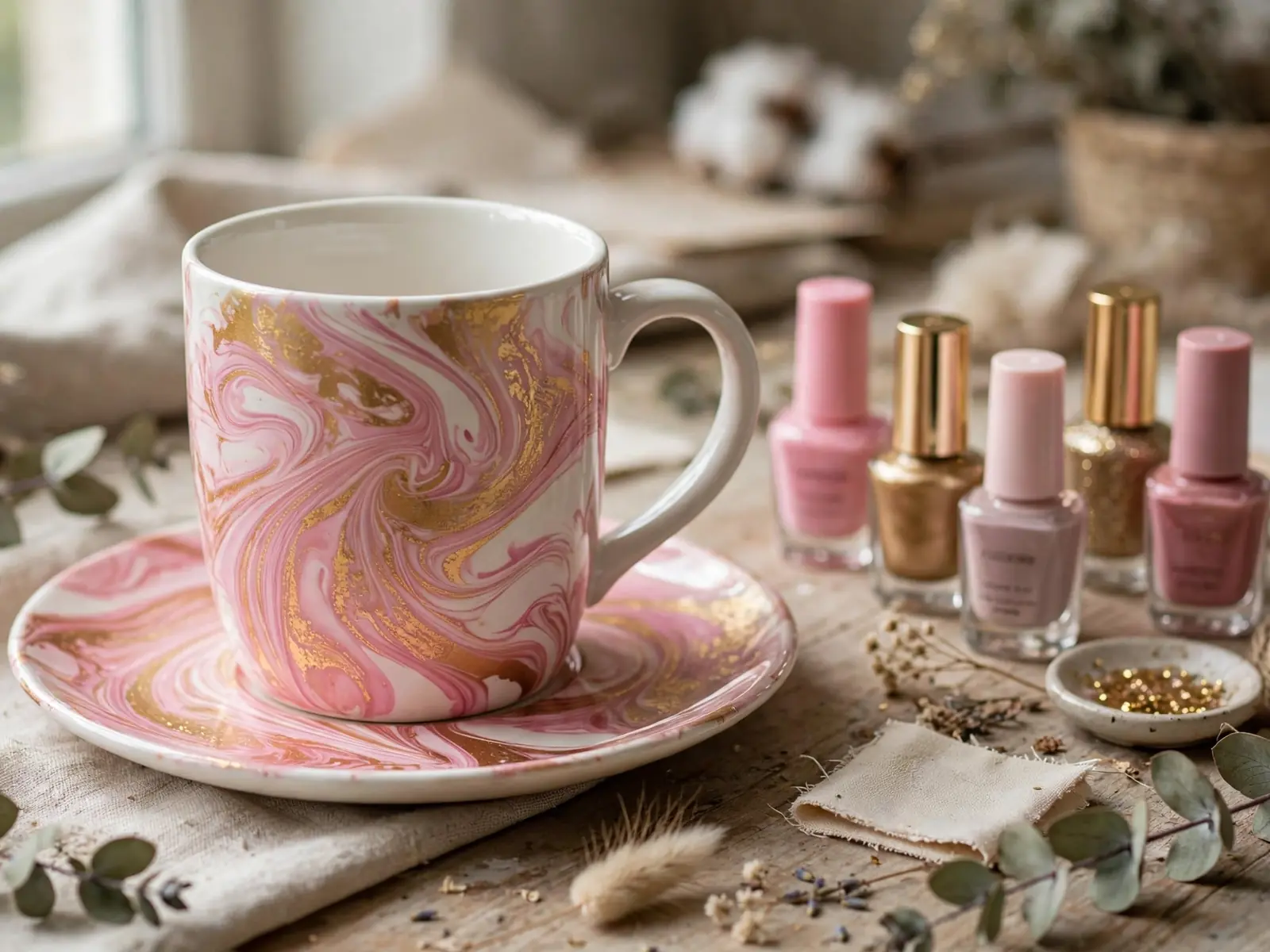 Marbled pink and gold mug made with nail polish