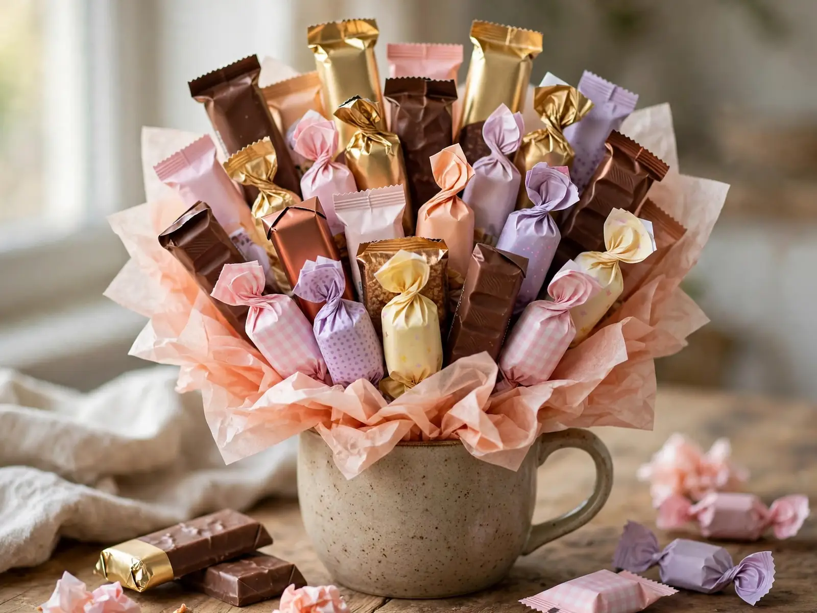 Candy and snack bouquet arranged in a mug