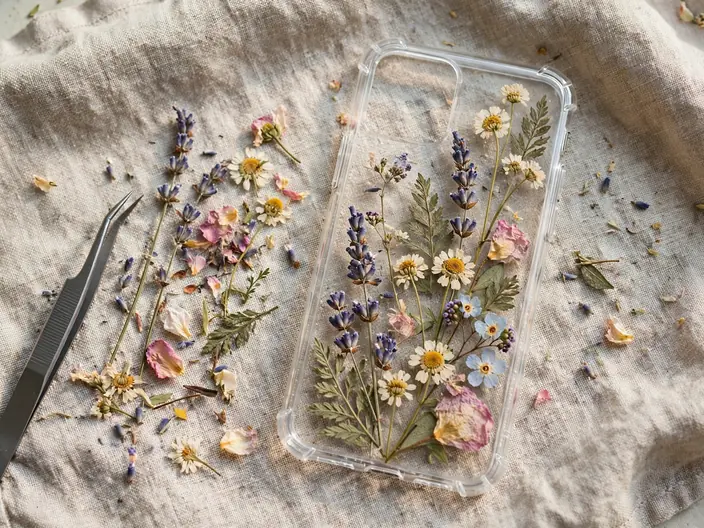 Pressed flower phone case on linen with loose flowers