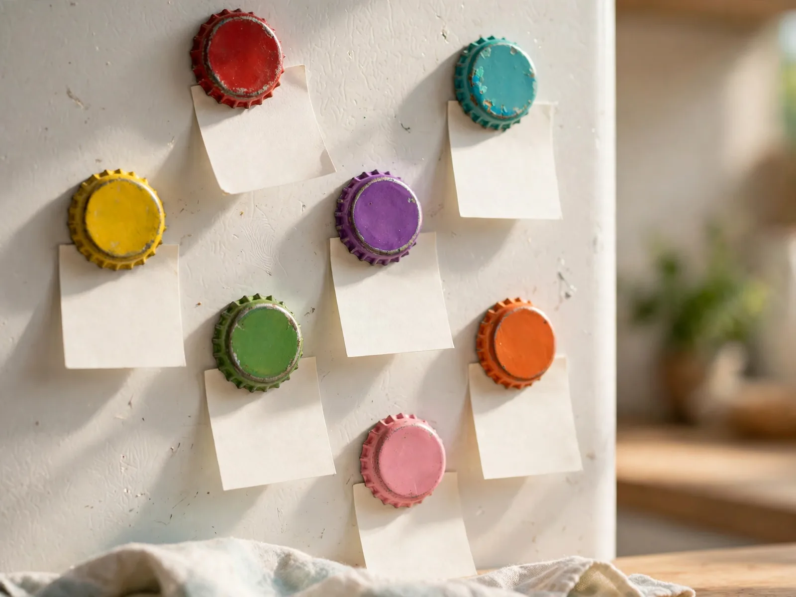 Bottle-cap photo magnets on a fridge door