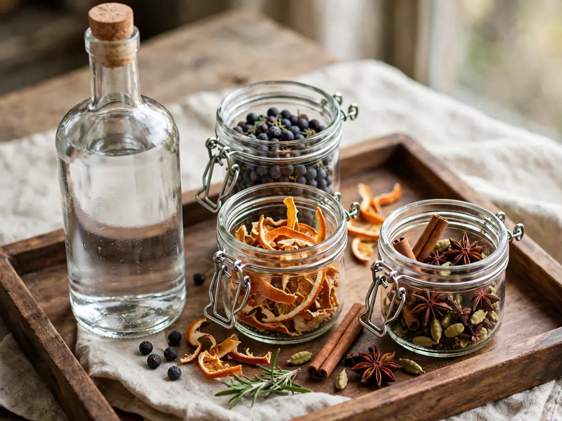 Gin botanicals infusion set with jars of spices and orange peel