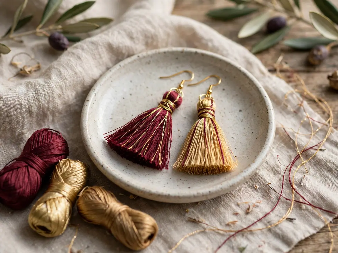 Burgundy thread tassel earrings on a ceramic dish