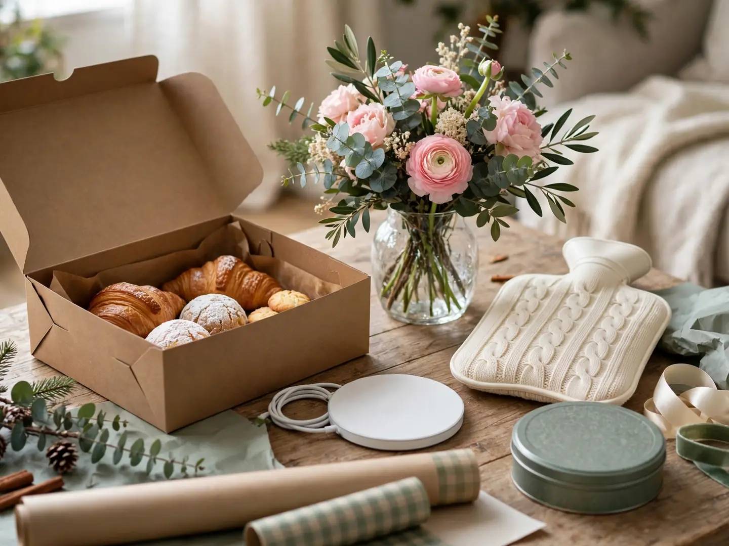 Easy ready-made Christmas gifts arranged on a coffee table
