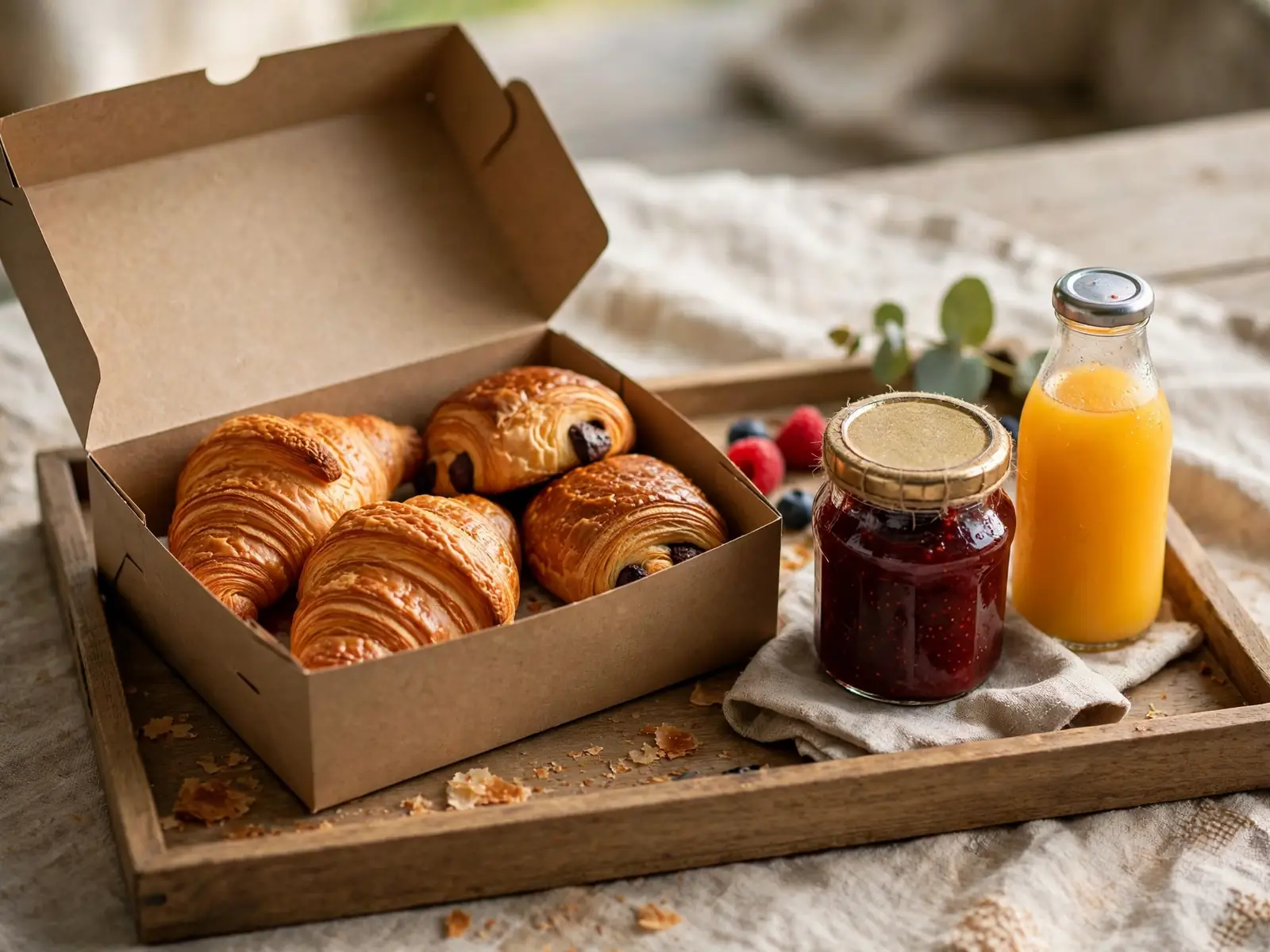 Bakery morning box with croissants, jam and juice