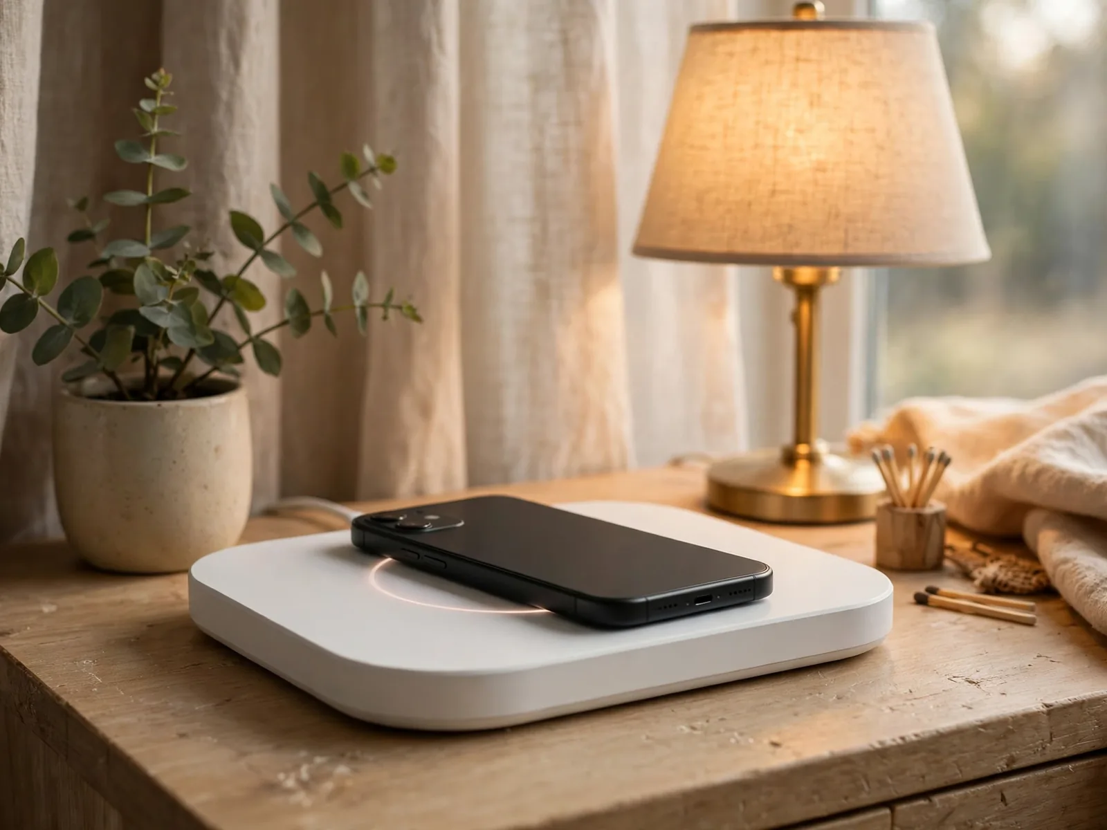Wireless charging pad with a phone on a bedside table