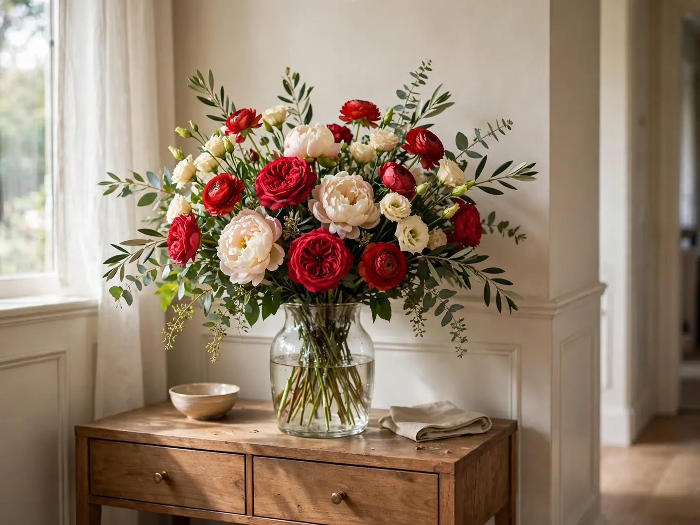 Market bouquet of red and cream flowers in a glass vase