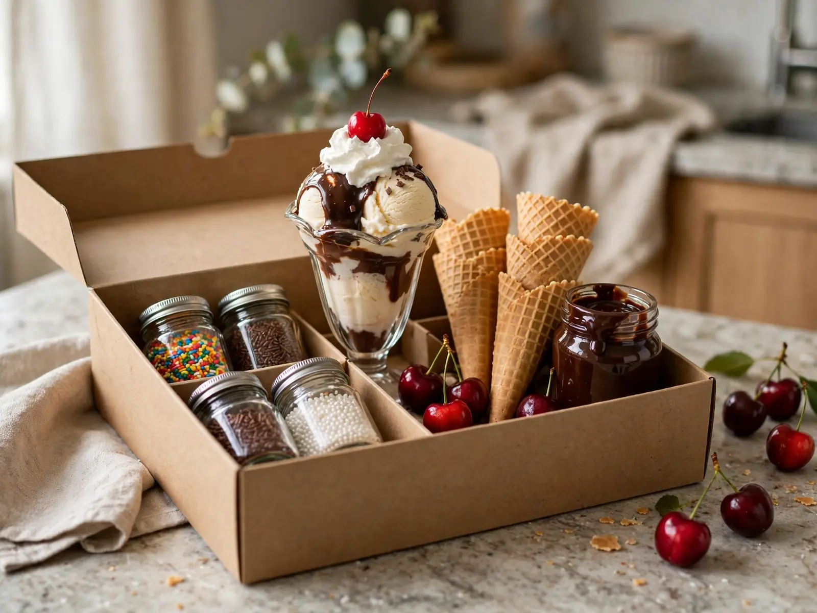 Ice cream sundae gift box with cones, sprinkles and sauce