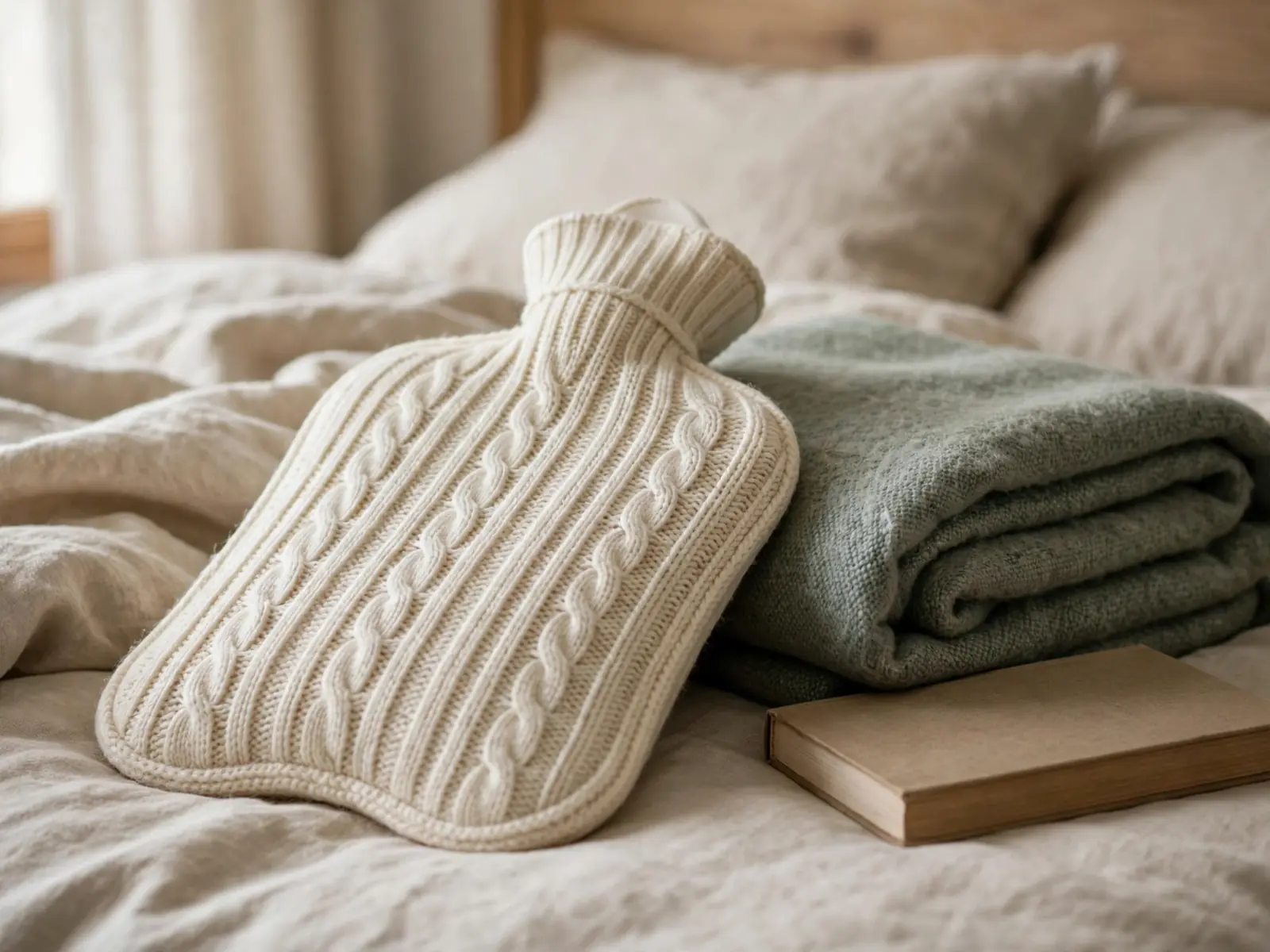 Hot water bottle with a cream knitted cover on a bed