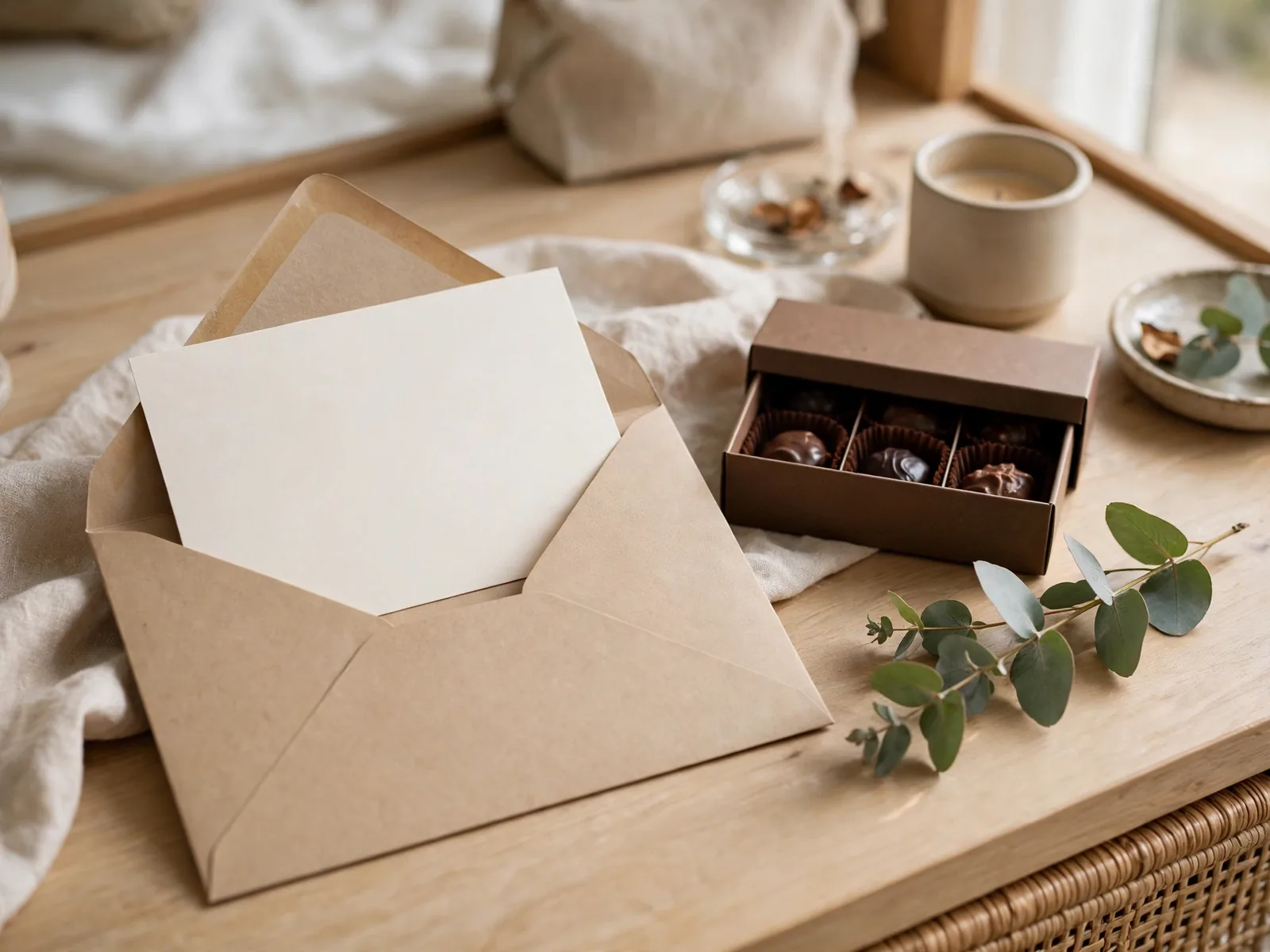 Spa voucher envelope with chocolates and eucalyptus