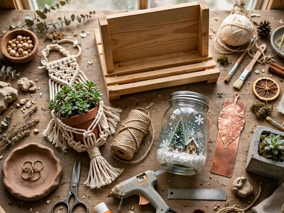 Handmade DIY gifts and craft materials on a workbench