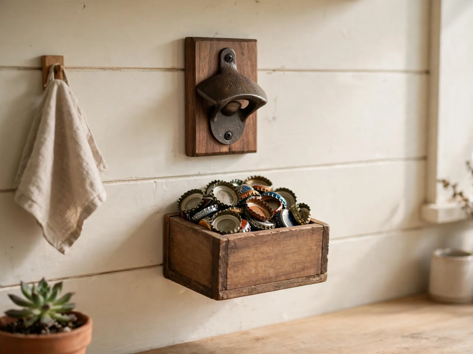 Wall-mounted wooden bottle opener with cap-catch box