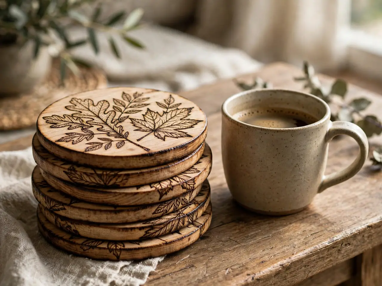 Wooden coasters with burned pyrography leaf designs
