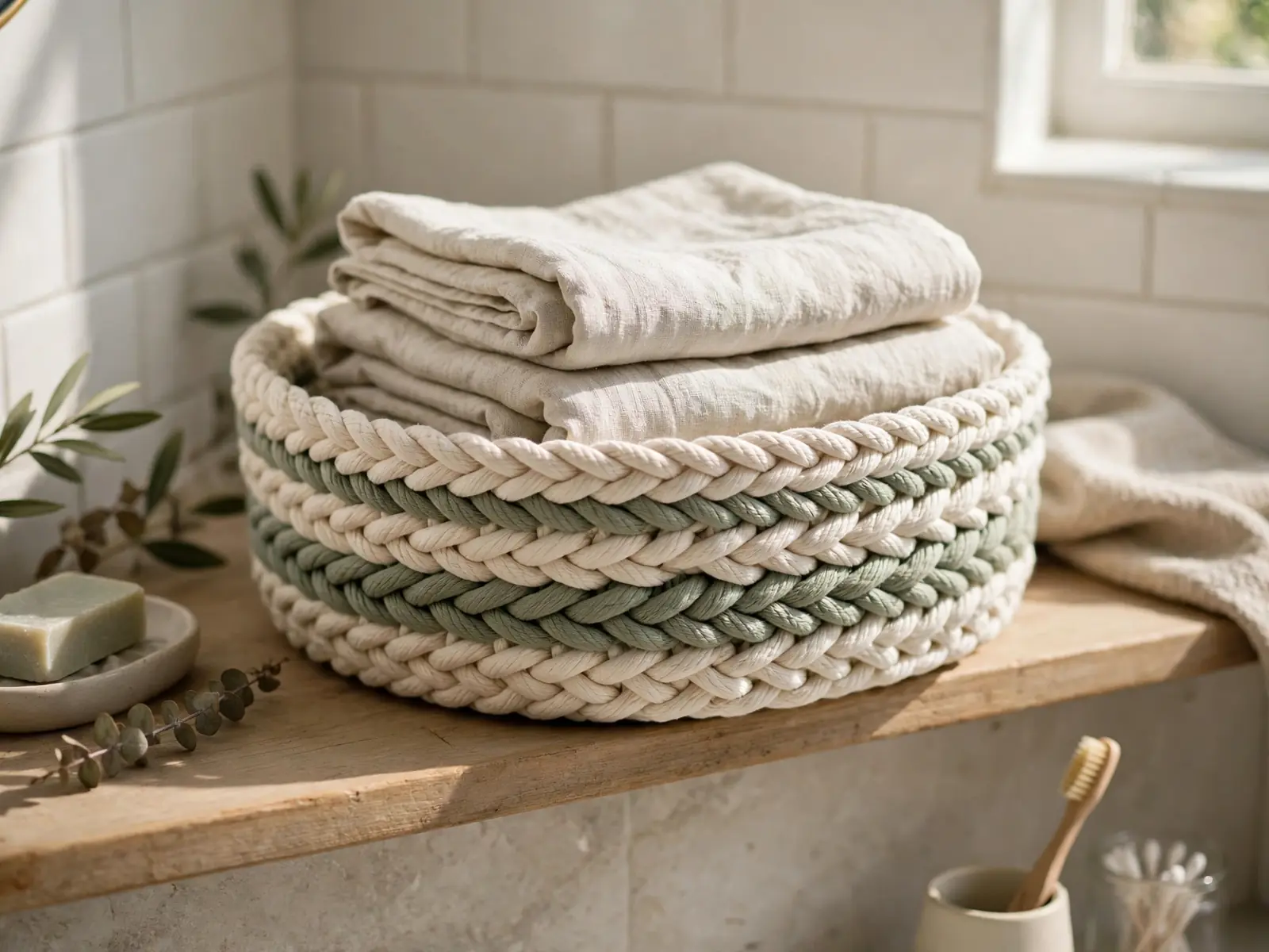 Braided rope basket holding folded towels