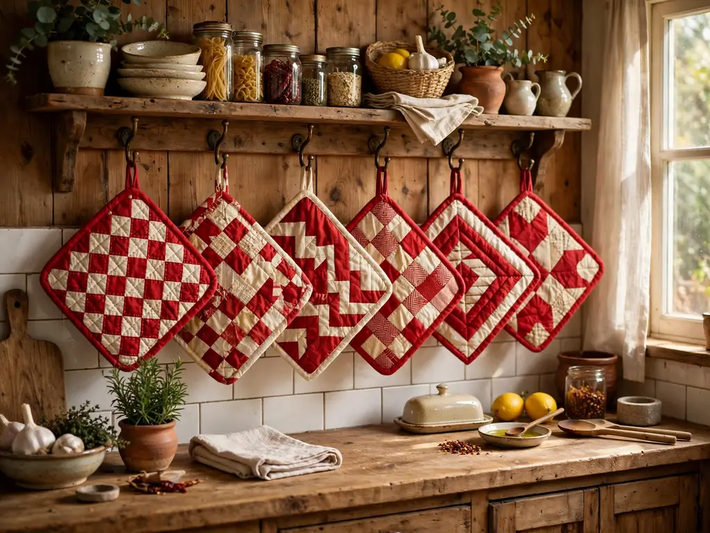 Patchwork pot holders hanging in a kitchen
