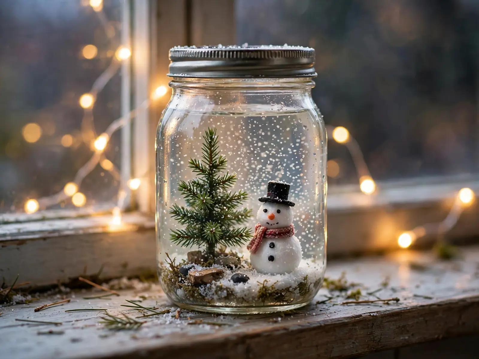 Homemade snow globe jar with a tiny pine tree
