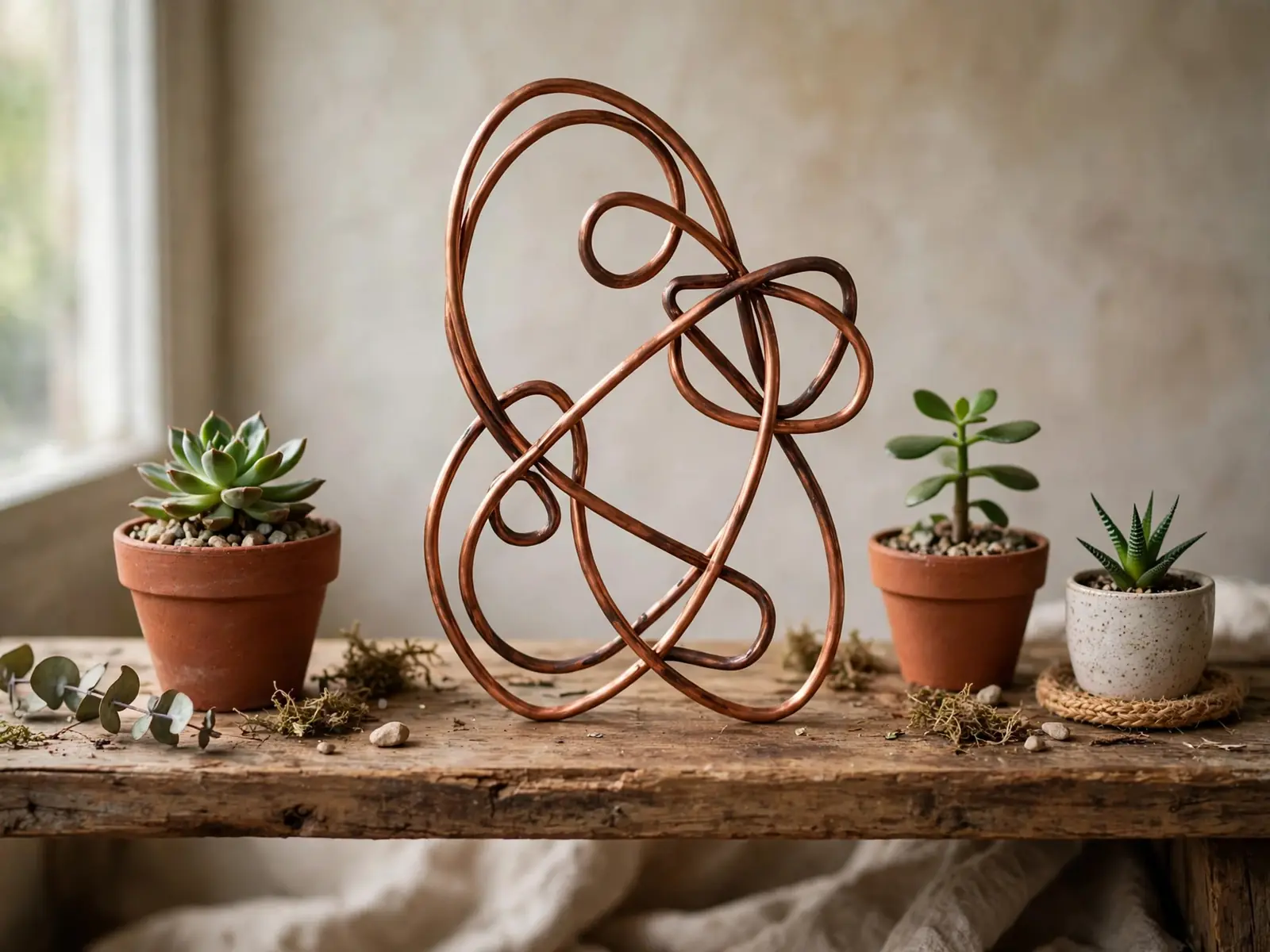 Bent wire word art on a wooden shelf