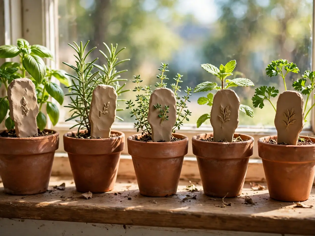 Clay herb markers in terracotta herb pots