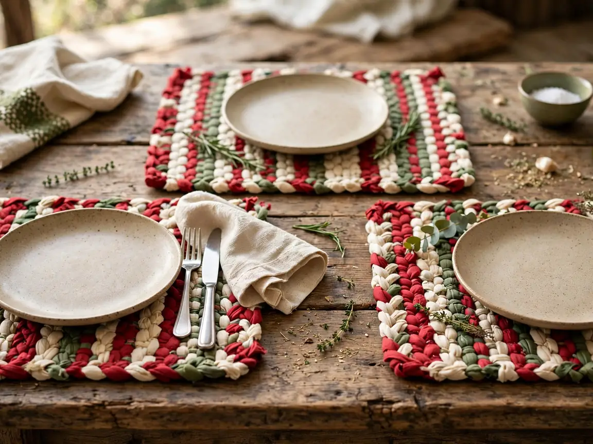 Woven rag placemats on a rustic dining table