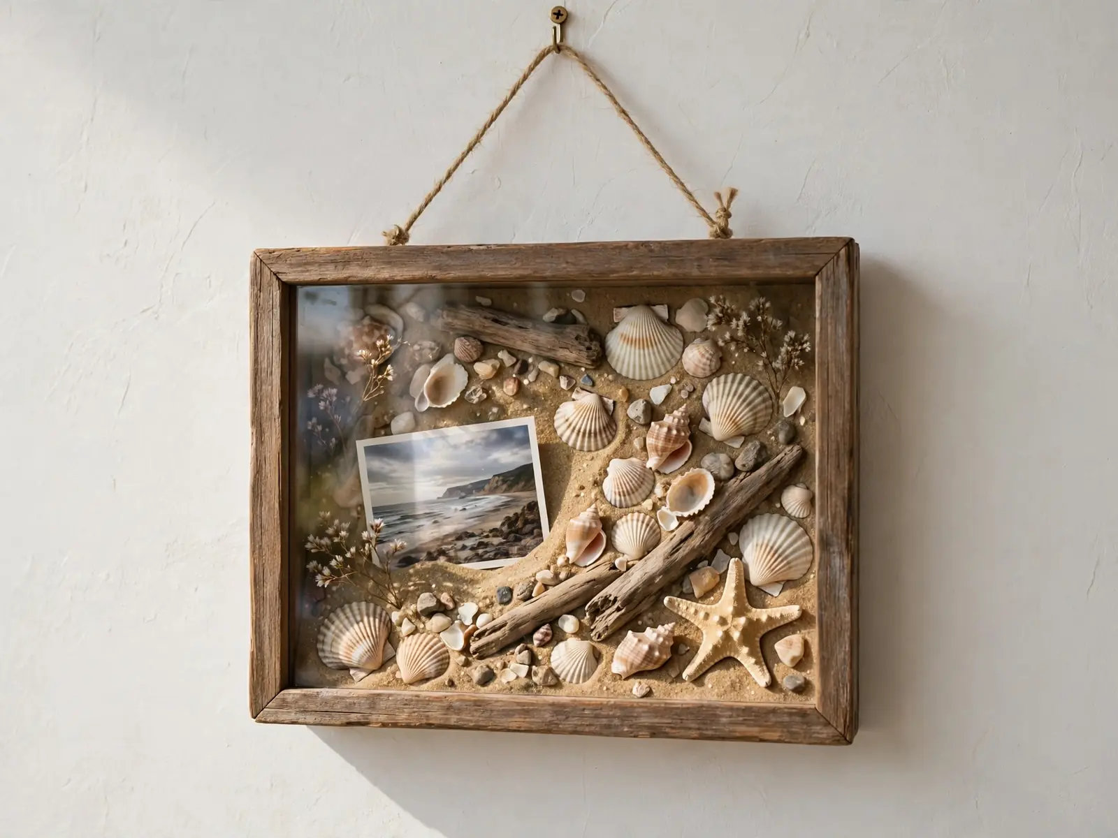 Beach memory shadow box with shells and sand