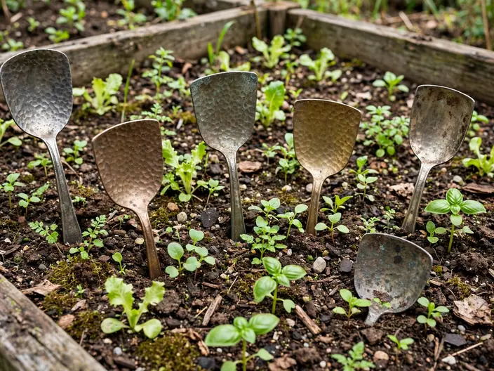 Hammered vintage spoon plant markers in a garden bed