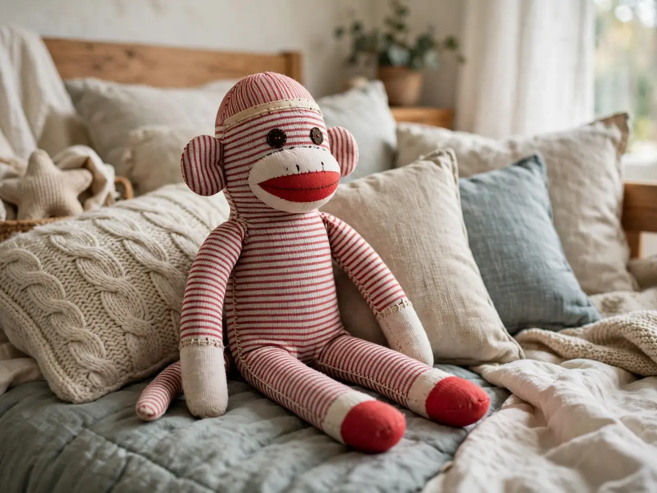 Handmade sock monkey plush toy on a bed