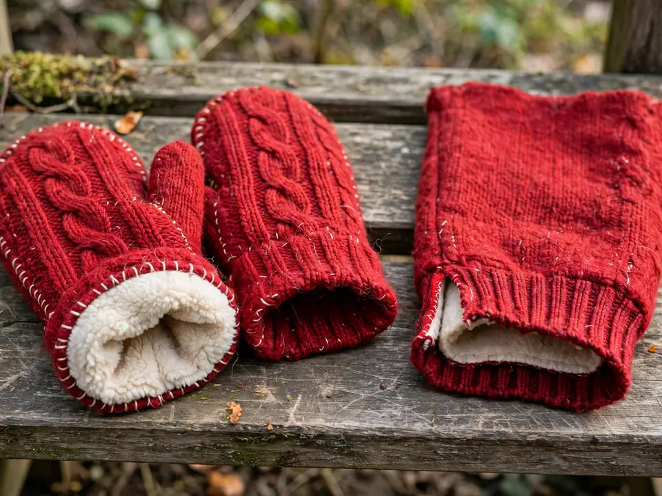 Mittens sewn from an upcycled red wool sweater