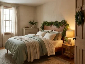 Small bedroom with Christmas garland and a wreath