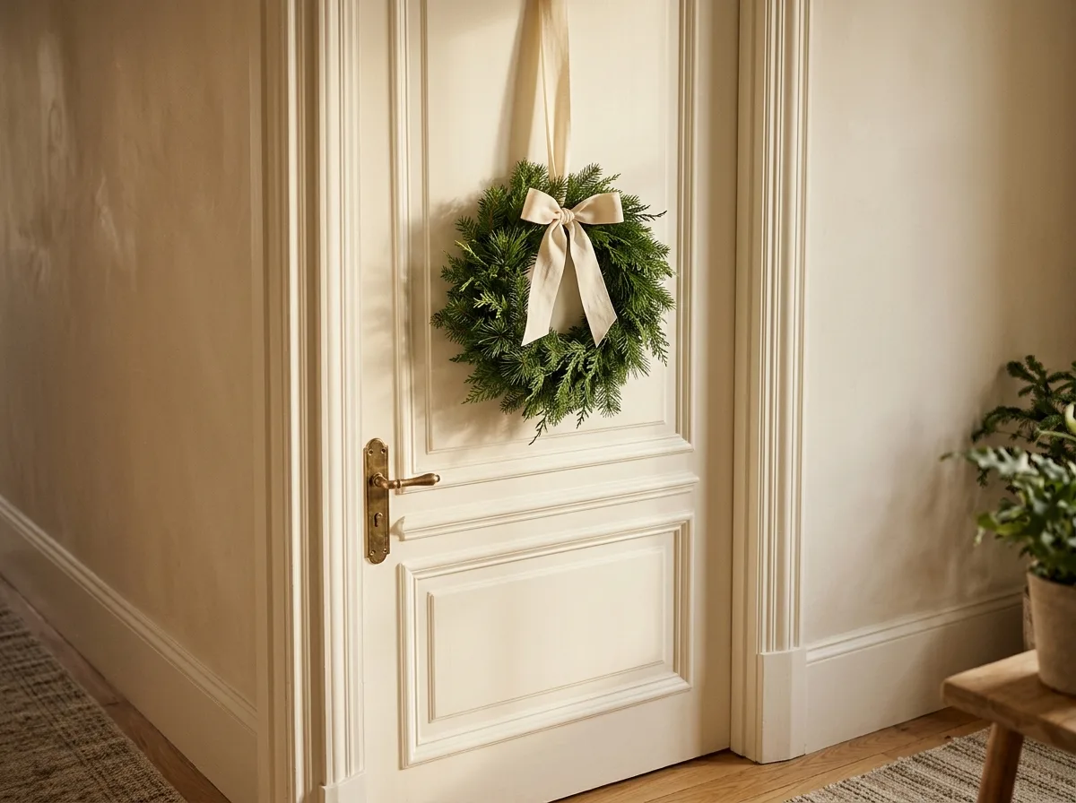 mini wreath hanging on a bedroom door