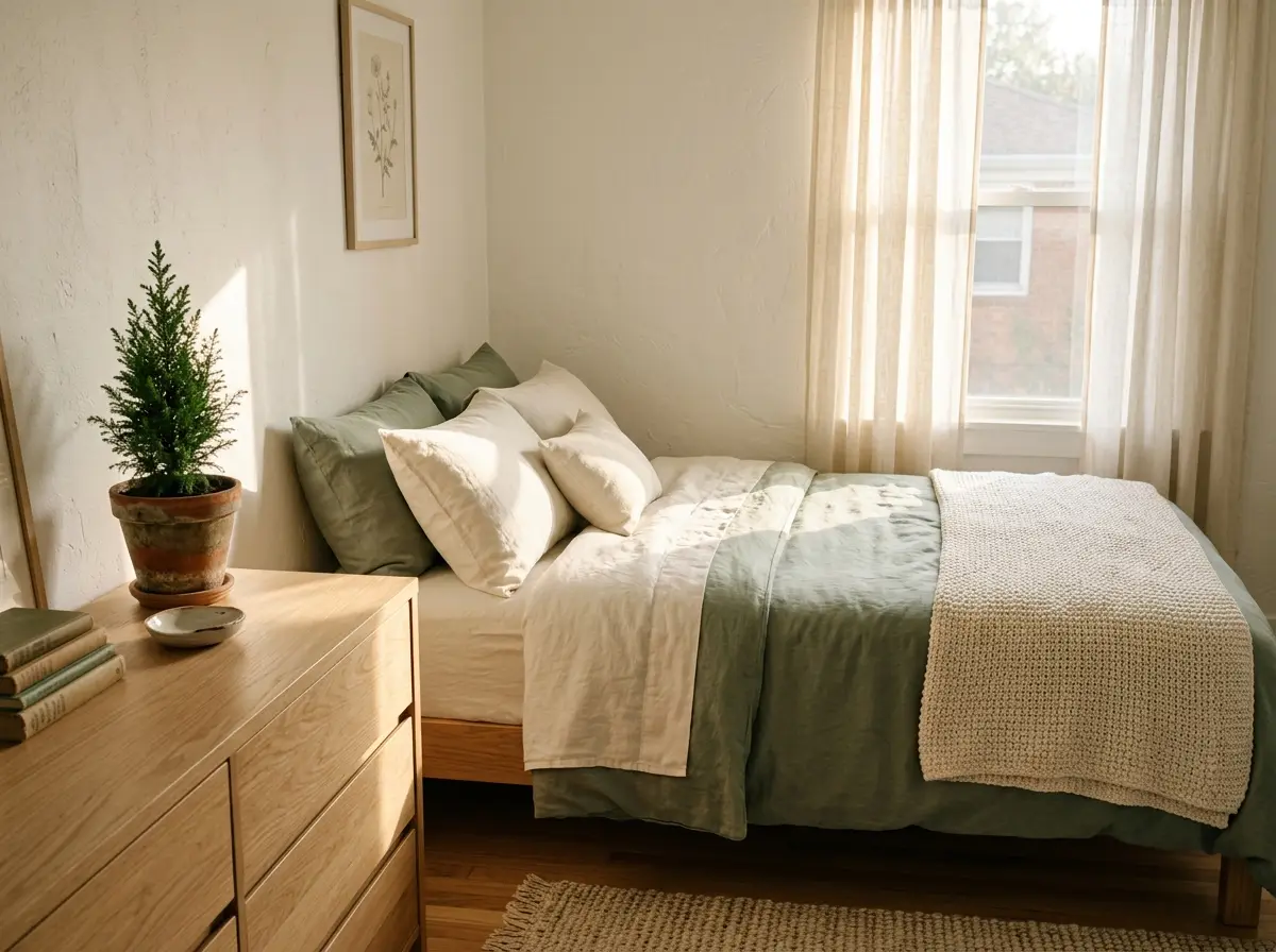 small bedroom with green and ivory bedding