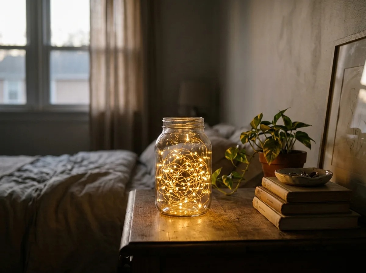 fairy lights glowing in a glass jar