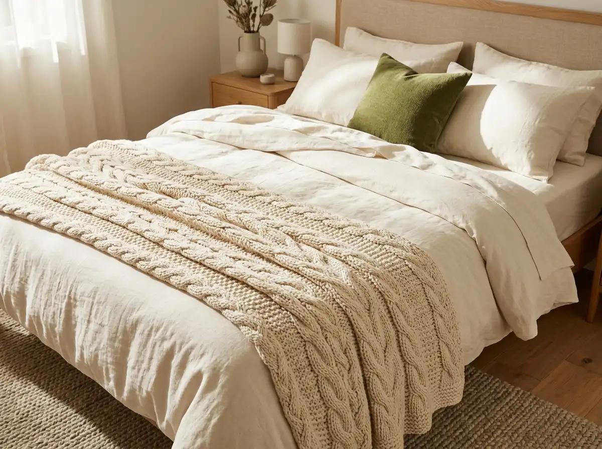 cream knit throw folded across a bed