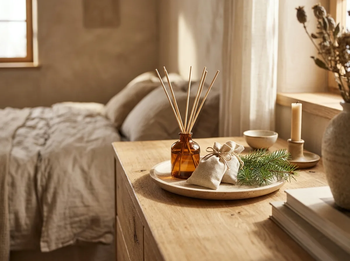 reed diffuser and pine sachets on a dresser