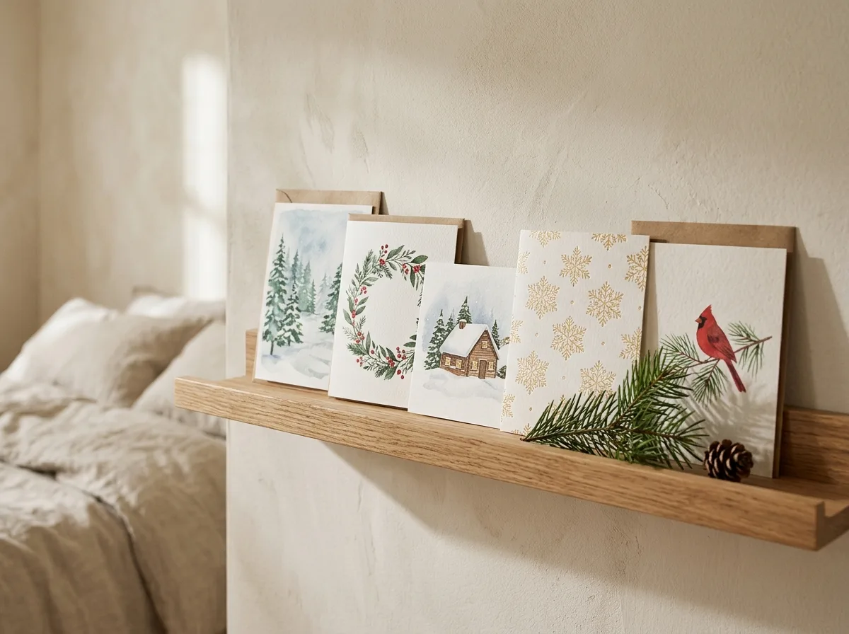 Christmas cards displayed on a picture ledge
