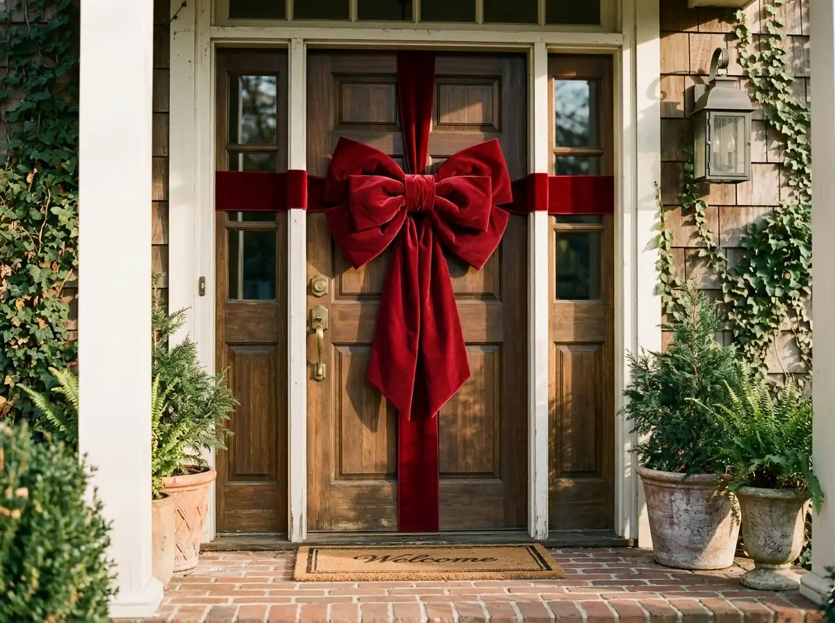 Front door with one oversized red bow