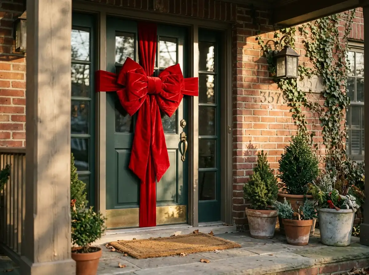 Front door wearing one giant red bow