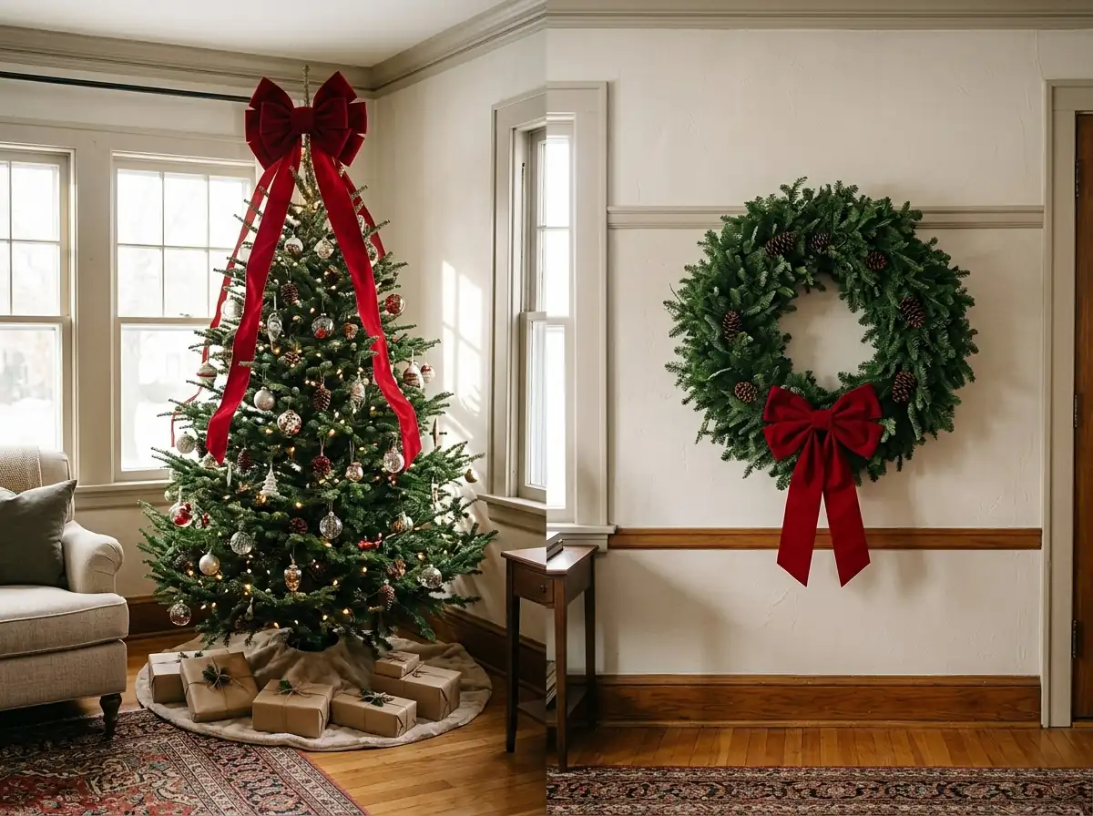 Tree-topper bow with cascading tails and a wreath center bow