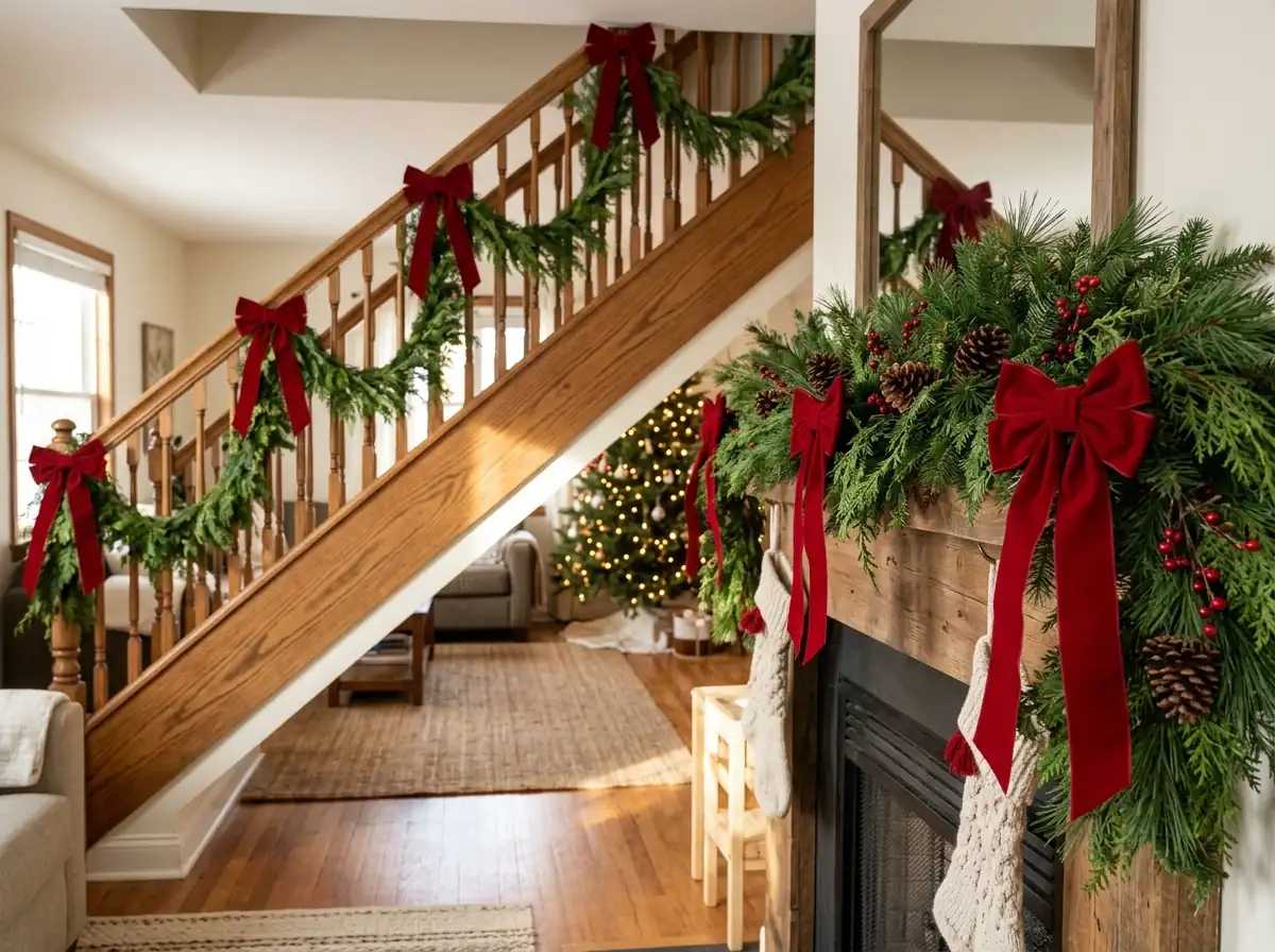 Banister swag and mantel garland with evenly spaced red bows