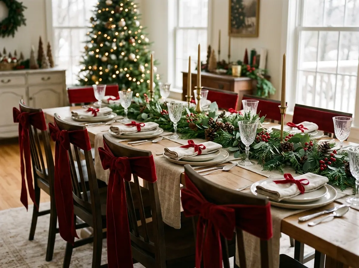 Dining chairs and napkins dressed with matching bows